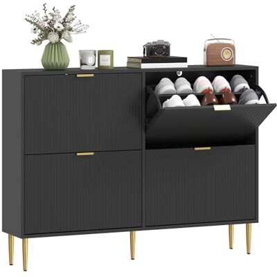 HOMCOM Meuble à Chaussures 20 Paires, Armoire à Chaussures étroite Moderne avec 4 tiroirs rabattables, Portes cannelées et étagères réglables, pour Couloir et entrée, 105 x 24 x 91,5 cm, Noir - Publicité HOMCOM Meuble à Chaussures 20 Paires, Armoire à Chaussures étroite Moderne avec 4 tiroirs rabattables, Portes cannelées et étagères réglables, pour Couloir et entrée, 105 x 24 x 91,5 cm, Noir - Publicité