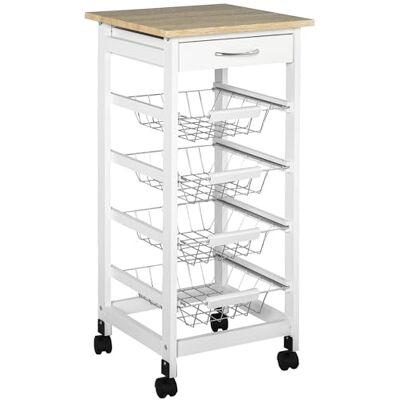 HOMCOM Desserte Cuisine à roulettes, Chariot de Cuisine, 4 paniers métal + tiroir, Chariot de Service, pour Petit Espace, Salle de Bain, Salon, Cuisine, Bureau, Cadre en Bois de pin, Blanc - Publicité HOMCOM Desserte Cuisine à roulettes, Chariot de Cuisine, 4 paniers métal + tiroir, Chariot de Service, pour Petit Espace, Salle de Bain, Salon, Cuisine, Bureau, Cadre en Bois de pin, Blanc - Publicité