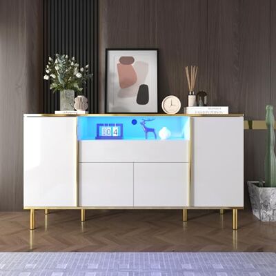 Merax Buffet LED Blanc Brillant pour Salon, Chambre à Coucher, avec éclairage LED et Pieds dorés, Commode avec 4 Portes et 1 tiroir, 150 x 40 x 80 cm - Publicité Merax Buffet LED Blanc Brillant pour Salon, Chambre à Coucher, avec éclairage LED et Pieds dorés, Commode avec 4 Portes et 1 tiroir, 150 x 40 x 80 cm - Publicité