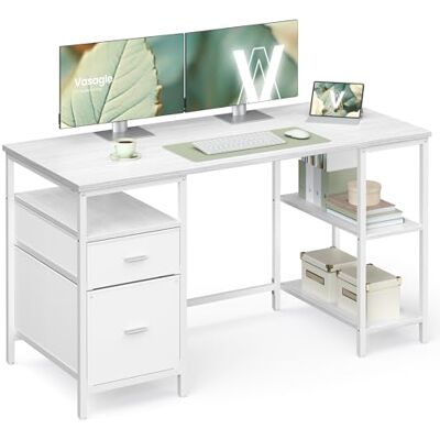 VASAGLE Bureau d’Ordinateur, Table avec Rangement, 3 Étagères, 2 Tiroirs, 140 x 60 x 76 cm, pour Bureau, Salon, Style Moderne, Blanc Érable et Blanc Nuage LWD104WF01 - Publicité VASAGLE Bureau d’Ordinateur, Table avec Rangement, 3 Étagères, 2 Tiroirs, 140 x 60 x 76 cm, pour Bureau, Salon, Style Moderne, Blanc Érable et Blanc Nuage LWD104WF01 - Publicité