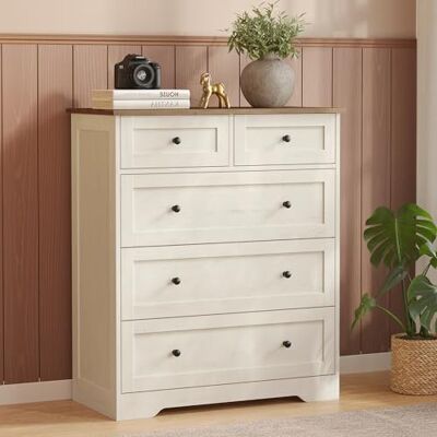 VASAGLE Siren Collection Commode de Chambre, Meuble de Rangement à Tiroirs, Style Cottage, Armoire de Rangement, Polyvalent, 5 Tiroirs, 40 x 80 x 93,6 cm, Blanc Rustique et Marron Miel LTS643WJ01 - Publicité VASAGLE Siren Collection Commode de Chambre, Meuble de Rangement à Tiroirs, Style Cottage, Armoire de Rangement, Polyvalent, 5 Tiroirs, 40 x 80 x 93,6 cm, Blanc Rustique et Marron Miel LTS643WJ01 - Publicité