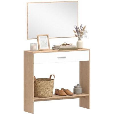 HOMCOM Console Meuble + Miroir, Table Console étroite avec tiroir et étagère, Style Moderne, Table d'entrée, Couloir, Salon, Petits espaces, 91,5 x 27,9 x 85,5 cm, chêne - Publicité HOMCOM Console Meuble + Miroir, Table Console étroite avec tiroir et étagère, Style Moderne, Table d'entrée, Couloir, Salon, Petits espaces, 91,5 x 27,9 x 85,5 cm, chêne - Publicité