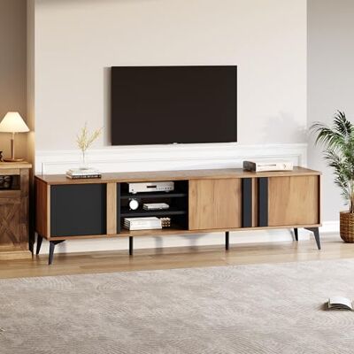 Merax Meuble TV pour téléviseur jusqu'à 80 pouces, Meuble TV bas moderne avec 3 compartiments fermés et un compartiment ouvert, Table de télévision, pour salon et salle à manger, Marron & Noir - Publicité Merax Meuble TV pour téléviseur jusqu'à 80 pouces, Meuble TV bas moderne avec 3 compartiments fermés et un compartiment ouvert, Table de télévision, pour salon et salle à manger, Marron & Noir - Publicité