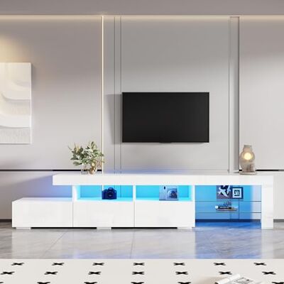 Merax Meuble TV LED Blanc Laqué 180 cm pour TV Jusqu’à 75” – 3 Tiroirs Push-to-Open, Étagères Verre, 7 Rangement, LED RGB Bluetooth App LotusLantern – Salon Chambre - Publicité Merax Meuble TV LED Blanc Laqué 180 cm pour TV Jusqu’à 75” – 3 Tiroirs Push-to-Open, Étagères Verre, 7 Rangement, LED RGB Bluetooth App LotusLantern – Salon Chambre - Publicité