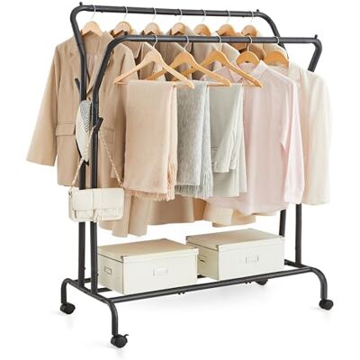 SONGMICS Portant à Vêtements avec roulettes, Double Barre, Porte-Manteau, en Acier, Charge 100 kg, Largeur de 103,5 cm, Rangement Polyvalent, Noir HSR107B01 - Publicité SONGMICS Portant à Vêtements avec roulettes, Double Barre, Porte-Manteau, en Acier, Charge 100 kg, Largeur de 103,5 cm, Rangement Polyvalent, Noir HSR107B01 - Publicité