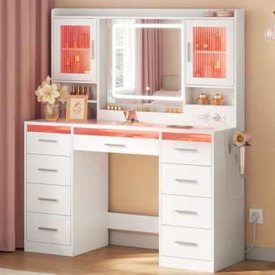 WOLTU Coiffeuse avec Miroir LED Réglable et Éclairage RGB, Grande Coiffeuse avec Plateau en Verre, 9 Tiroirs, Prise de Courant, 2 Placards avec Portes, Table de Maquillage Moderne pour Chambre, Blanc - Publicité WOLTU Coiffeuse avec Miroir LED Réglable et Éclairage RGB, Grande Coiffeuse avec Plateau en Verre, 9 Tiroirs, Prise de Courant, 2 Placards avec Portes, Table de Maquillage Moderne pour Chambre, Blanc - Publicité
