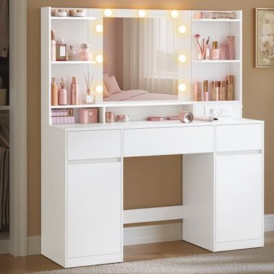 VASAGLE Kailyn Collection Coiffeuse avec Miroir LED, Multiprise, 2 Placards, 9 Ampoules, Rangement Bijoux, Éclairage 3 Couleurs, Installation des Rails sans Outils, Blanc Nuage RDT142WB02 - Publicité VASAGLE Kailyn Collection Coiffeuse avec Miroir LED, Multiprise, 2 Placards, 9 Ampoules, Rangement Bijoux, Éclairage 3 Couleurs, Installation des Rails sans Outils, Blanc Nuage RDT142WB02 - Publicité