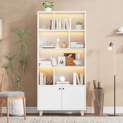 Merax Bibliothèque 80 x 30 x 173 cm, lumière d'ambiance LED à changement de couleur, double porte, pieds en bois massif, 4 étagères de rangement, télécommande, design élégant, étagère de rangement - Publicité Merax Bibliothèque 80 x 30 x 173 cm, lumière d'ambiance LED à changement de couleur, double porte, pieds en bois massif, 4 étagères de rangement, télécommande, design élégant, étagère de rangement - Publicité