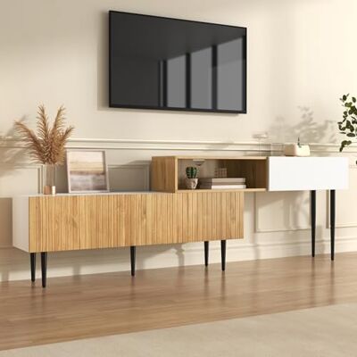 Merax Meuble TV 130-220 x 30 x 63,4 cm, avec longueur réglable, design modulaire en 2 parties, buffet moderne avec sécurité anti-basculement, meuble de salon polyvalent, aspect bois et blanc - Publicité Merax Meuble TV 130-220 x 30 x 63,4 cm, avec longueur réglable, design modulaire en 2 parties, buffet moderne avec sécurité anti-basculement, meuble de salon polyvalent, aspect bois et blanc - Publicité