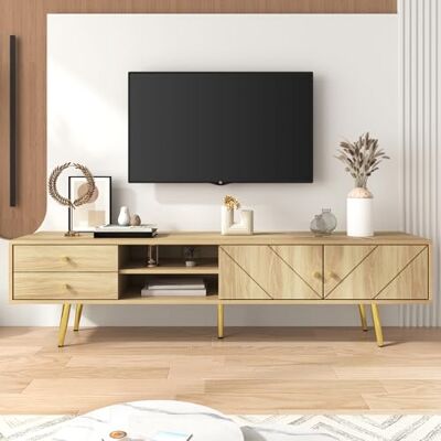 Merax Meuble TV 160 cm pieds dorés Meuble TV moderne 2 tiroirs 2 portes Durable grand rangement Facile montage Bois 160 x 36 x 42 cm - Publicité Merax Meuble TV 160 cm pieds dorés Meuble TV moderne 2 tiroirs 2 portes Durable grand rangement Facile montage Bois 160 x 36 x 42 cm - Publicité