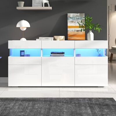 BTM Sideboard Blanc 140x40.5x66.5 cm LED, Acrylique 7 Compartiments, Haute Brillance - Publicité BTM Sideboard Blanc 140x40.5x66.5 cm LED, Acrylique 7 Compartiments, Haute Brillance - Publicité