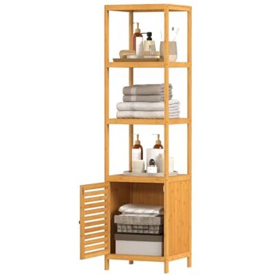 WOLTU Meuble Salle de Bain Bambou, Étagère Colonne pour Salle de Bain avec 4 Tablettes Ouvertes, 1 Placard avec Porte à Lamelles, 36x33x140cm - Publicité WOLTU Meuble Salle de Bain Bambou, Étagère Colonne pour Salle de Bain avec 4 Tablettes Ouvertes, 1 Placard avec Porte à Lamelles, 36x33x140cm - Publicité