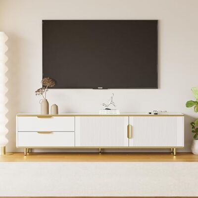 Merax Meuble TV Bas, Buffet avec Portes sculptées et poignées dorées, Meuble de Salon avec Finition marbre, Design Moderne et élégant, Blanc et Or 175x40x45cm - Publicité Merax Meuble TV Bas, Buffet avec Portes sculptées et poignées dorées, Meuble de Salon avec Finition marbre, Design Moderne et élégant, Blanc et Or 175x40x45cm - Publicité