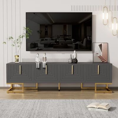 BTM Meuble TV Bas, Chambre avec 4 Portes structurées, avec Rangement avec poignées dorées et Pieds dorés, Moderne, Gris, 170x40x45.5 cm - Publicité BTM Meuble TV Bas, Chambre avec 4 Portes structurées, avec Rangement avec poignées dorées et Pieds dorés, Moderne, Gris, 170x40x45.5 cm - Publicité