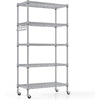 Himimi Étagère Métallique à 5 Étagères avec Roues, Étagère en Fil Métallique avec Crochet, Étagères Réglables en Hauteur pour Salle de Bain Cuisine Garage (76Lx35Wx158H)-Argent - Publicité Himimi Étagère Métallique à 5 Étagères avec Roues, Étagère en Fil Métallique avec Crochet, Étagères Réglables en Hauteur pour Salle de Bain Cuisine Garage (76Lx35Wx158H)-Argent - Publicité