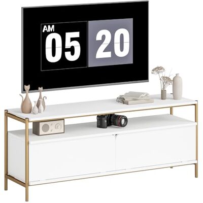 HOMCOM Meuble TV Meuble télé pour téléviseur jusqu'à 55 Pouces avec 2 Portes rabattables et étagère Ouverte, Cadre en Acier, Banc TV Moderne pour Salon Chambre à Coucher, 124 x 35 x 50 cm, Blanc - Publicité HOMCOM Meuble TV Meuble télé pour téléviseur jusqu'à 55 Pouces avec 2 Portes rabattables et étagère Ouverte, Cadre en Acier, Banc TV Moderne pour Salon Chambre à Coucher, 124 x 35 x 50 cm, Blanc - Publicité