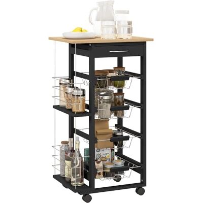HOMCOM Desserte de cuisine avec roulettes Chariot multifonction avec tiroir 4 paniers amovibles en métal et étagères latérales 47 x 37 x 83 cm Noir et bois naturel - Publicité HOMCOM Desserte de cuisine avec roulettes Chariot multifonction avec tiroir 4 paniers amovibles en métal et étagères latérales 47 x 37 x 83 cm Noir et bois naturel - Publicité