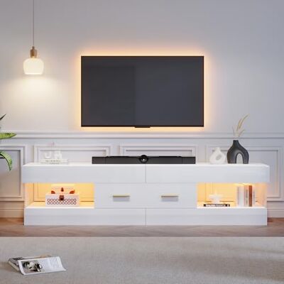 BTM Meuble TV Blanc LED avec Verre Acrylique, tiroirs et rangements Ouverts - Publicité BTM Meuble TV Blanc LED avec Verre Acrylique, tiroirs et rangements Ouverts - Publicité