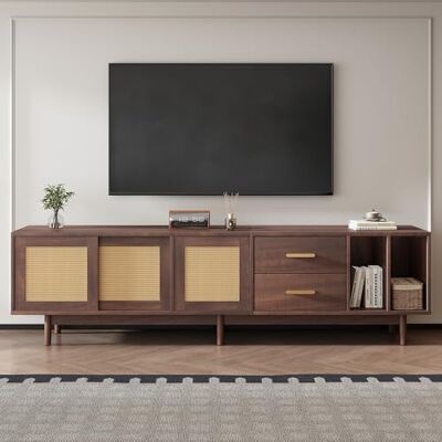 Merax Meuble TV Bas 190 cm pour TV 75 Pouces avec 3 Portes en rotin PE et 2 tiroirs, Buffet TV Design avec 2 Compartiments Ouverts, 6 Pieds Stables – 190x40x52 cm - Publicité Merax Meuble TV Bas 190 cm pour TV 75 Pouces avec 3 Portes en rotin PE et 2 tiroirs, Buffet TV Design avec 2 Compartiments Ouverts, 6 Pieds Stables – 190x40x52 cm - Publicité