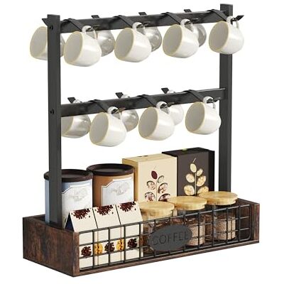 YITAHOME Porte-tasses de comptoir avec 7 crochets et base de rangement, support de tasse en métal avec étagère de garde-corps, organiseur de tasses noir pour cuisine, salle à manger et café bar - Publicité YITAHOME Porte-tasses de comptoir avec 7 crochets et base de rangement, support de tasse en métal avec étagère de garde-corps, organiseur de tasses noir pour cuisine, salle à manger et café bar - Publicité