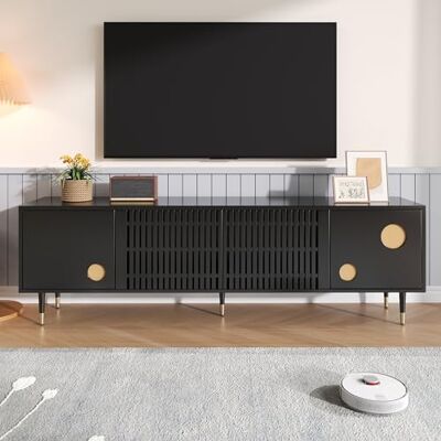 Merax Meuble TV bas pour salon En bois massif 170 x 36 x 54 cm Avec structure en grille et accents dorés 4 portes Pour salon et home cinéma Noir - Publicité Merax Meuble TV bas pour salon En bois massif 170 x 36 x 54 cm Avec structure en grille et accents dorés 4 portes Pour salon et home cinéma Noir - Publicité