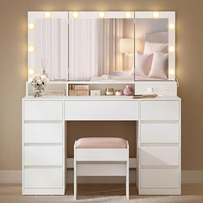 VASAGLE Kailyn Collection Coiffeuse avec 3 Miroirs Pliables et Tabouret, 11 Ampoules, Multiprise, 9 Tiroirs, Éclairage 3 Couleurs, Installation des Rails sans Outils, Blanc Nuage RDT146WB01-01 - Publicité VASAGLE Kailyn Collection Coiffeuse avec 3 Miroirs Pliables et Tabouret, 11 Ampoules, Multiprise, 9 Tiroirs, Éclairage 3 Couleurs, Installation des Rails sans Outils, Blanc Nuage RDT146WB01-01 - Publicité