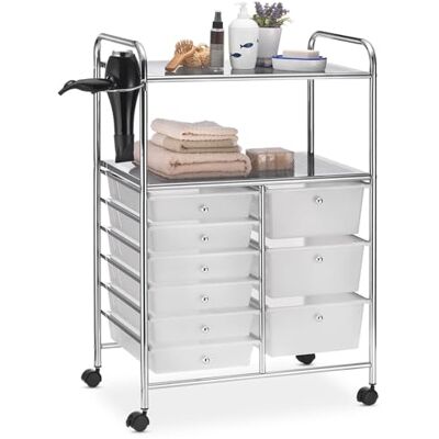 IDIMEX Caisson sur roulettes Marita Chariot avec 9 tiroirs en Plastique Blanc Transparent et 2 étagères avec Anneau Porte sèche Cheveux, Meuble de Rangement pour Salle de Bain en métal chromé - Publicité IDIMEX Caisson sur roulettes Marita Chariot avec 9 tiroirs en Plastique Blanc Transparent et 2 étagères avec Anneau Porte sèche Cheveux, Meuble de Rangement pour Salle de Bain en métal chromé - Publicité