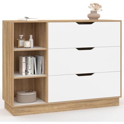 IDMarket Commode 3 tiroirs et 3 niches OXANA hêtre et Blanc - Publicité IDMarket Commode 3 tiroirs et 3 niches OXANA hêtre et Blanc - Publicité