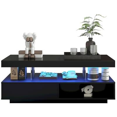 BTM Table Basse Noire 95x50x42,5cm, Brillant Haut, 4 Plaques en Verre, 2 Tiroirs, Compartiments Ouverts, Meuble Bas, Salle de Séjour - Publicité BTM Table Basse Noire 95x50x42,5cm, Brillant Haut, 4 Plaques en Verre, 2 Tiroirs, Compartiments Ouverts, Meuble Bas, Salle de Séjour - Publicité