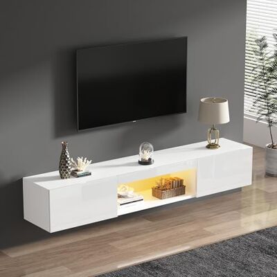 BTM Meuble TV Blanc et Bois avec LED, Meuble TV Suspendu avec 2 Cabinets et 1 Compartiment, Banc TV pour Salon, 160x31x22cm, Blanc - Publicité BTM Meuble TV Blanc et Bois avec LED, Meuble TV Suspendu avec 2 Cabinets et 1 Compartiment, Banc TV pour Salon, 160x31x22cm, Blanc - Publicité