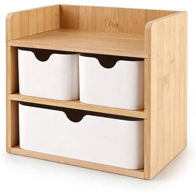VEGOATY Organisateur de maquillage en bois avec 3 tiroirs : 20 x 14 x 19 cm Boîte de rangement en bambou et bois MDF avec tiroirs Mini boîte à tiroirs pour bureau, maison, école (blanc/naturel) - Publicité VEGOATY Organisateur de maquillage en bois avec 3 tiroirs : 20 x 14 x 19 cm Boîte de rangement en bambou et bois MDF avec tiroirs Mini boîte à tiroirs pour bureau, maison, école (blanc/naturel) - Publicité