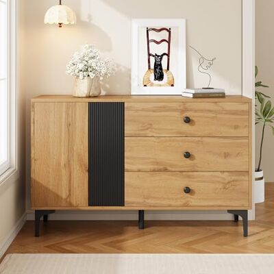 Merax Buffet 120 x 35 x 76 cm, avec portes et 3 tiroirs, aspect bois, armoire de rangement avec pieds en métal, buffet pour salon et salle à manger, naturel et noir - Publicité Merax Buffet 120 x 35 x 76 cm, avec portes et 3 tiroirs, aspect bois, armoire de rangement avec pieds en métal, buffet pour salon et salle à manger, naturel et noir - Publicité