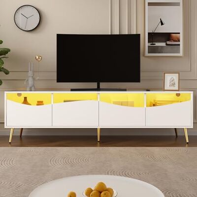 BTM Meuble TV Moderne 180x40x50cm – Lowboard Salon, LED, Corps Blanc, Pieds Métalliques Dorés, Porte en Verre & Rangement - Publicité BTM Meuble TV Moderne 180x40x50cm – Lowboard Salon, LED, Corps Blanc, Pieds Métalliques Dorés, Porte en Verre & Rangement - Publicité