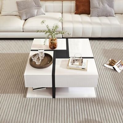Merax Table basse brillante avec 4 tiroirs et étagère inférieure, design unique de couleur et de lignes, 78 x 78 x 36 cm, blanc et noir - Publicité Merax Table basse brillante avec 4 tiroirs et étagère inférieure, design unique de couleur et de lignes, 78 x 78 x 36 cm, blanc et noir - Publicité