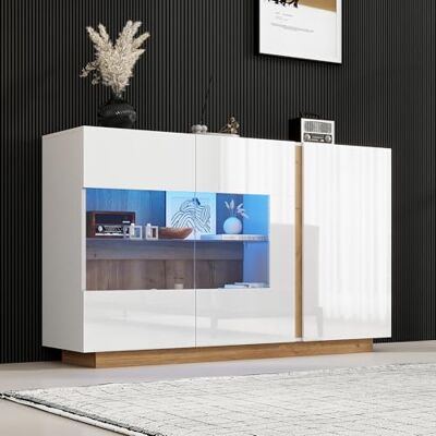 BTM Buffet de Salon avec LED, Armoire de Rangement avec 3 Portes, Buffet LED Moderne, Portes en Bois et en Verre, Blanc Brillant - Publicité BTM Buffet de Salon avec LED, Armoire de Rangement avec 3 Portes, Buffet LED Moderne, Portes en Bois et en Verre, Blanc Brillant - Publicité