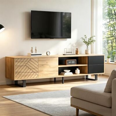 BTM Meuble TV avec Pieds Métalliques 180x40x50cm, Meuble Bas à Aspect Bois pour Salon, Meuble Télévision en Panneau de Particules, Charge 30kg, 2 Tiroirs, Structure Trois Niveaux, Adapté pour Télévise - Publicité BTM Meuble TV avec Pieds Métalliques 180x40x50cm, Meuble Bas à Aspect Bois pour Salon, Meuble Télévision en Panneau de Particules, Charge 30kg, 2 Tiroirs, Structure Trois Niveaux, Adapté pour Télévise - Publicité