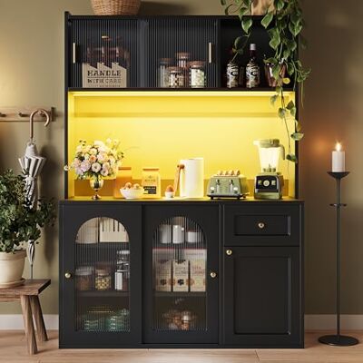 Merax Armoire de cuisine buffet avec buffet LED pour cuisine, armoire haute avec plan de travail, portes coulissantes en verre, tiroirs, étagères réglables, armoire de rangement moderne, noire - Publicité Merax Armoire de cuisine buffet avec buffet LED pour cuisine, armoire haute avec plan de travail, portes coulissantes en verre, tiroirs, étagères réglables, armoire de rangement moderne, noire - Publicité