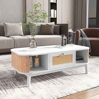 Merax table basse moderne avec tiroirs et portes coulissantes en bois massif, espace de rangement salon, multifonctionnelle, style maison de campagne, naturel et blanc - Publicité Merax table basse moderne avec tiroirs et portes coulissantes en bois massif, espace de rangement salon, multifonctionnelle, style maison de campagne, naturel et blanc - Publicité