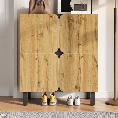 Merax Armoire à chaussures 80 x 38,5 x 95 cm, avec 4 portes, avec charnières à fermeture douce, étagères réglables, pieds en fer noir, peu encombrant, pour entrée, bois naturel + noir mat - Publicité Merax Armoire à chaussures 80 x 38,5 x 95 cm, avec 4 portes, avec charnières à fermeture douce, étagères réglables, pieds en fer noir, peu encombrant, pour entrée, bois naturel + noir mat - Publicité