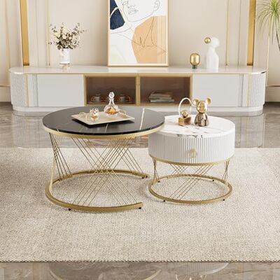 Merax Lot de 2 tables basses de salon Composables Aspect marbre Décoration dorée Avec tiroirs Blanc et noir B - Publicité Merax Lot de 2 tables basses de salon Composables Aspect marbre Décoration dorée Avec tiroirs Blanc et noir B - Publicité