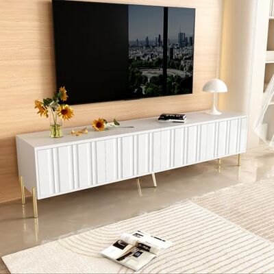 BTM Meuble TV Blanc, 190 cm Long x 38 cm Large x 48 cm Haut, Pieds de Table Dorés, Design de Porte Rainurée - Publicité BTM Meuble TV Blanc, 190 cm Long x 38 cm Large x 48 cm Haut, Pieds de Table Dorés, Design de Porte Rainurée - Publicité