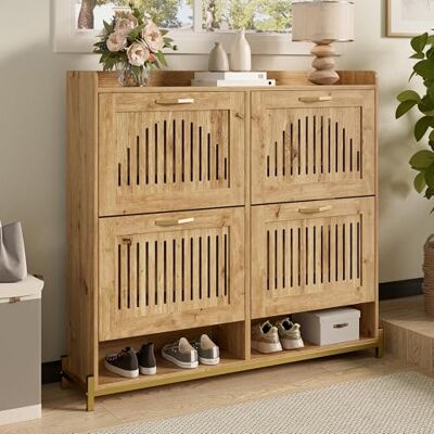 Merax Armoire à chaussures 108,5 x 24 x 100 cm, avec 4 portes, avec étagère, organiseur de chaussures peu encombrant pour entrée, couloir et chambre à coucher, couleur bois - Publicité Merax Armoire à chaussures 108,5 x 24 x 100 cm, avec 4 portes, avec étagère, organiseur de chaussures peu encombrant pour entrée, couloir et chambre à coucher, couleur bois - Publicité