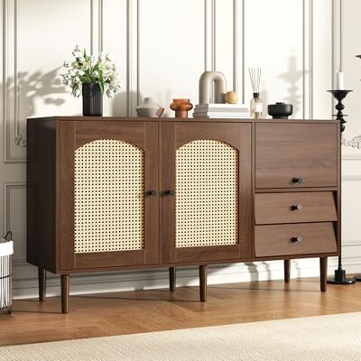 BTM Buffet Cusine en Rotin, Armoire de Rangement avec 2 Portes et 3 Tiroirs, Buffet de Salon Longueur 130 cm, Style Rustique, avec Étagères Réglables, 130x75.5x40cm, Marron - Publicité BTM Buffet Cusine en Rotin, Armoire de Rangement avec 2 Portes et 3 Tiroirs, Buffet de Salon Longueur 130 cm, Style Rustique, avec Étagères Réglables, 130x75.5x40cm, Marron - Publicité