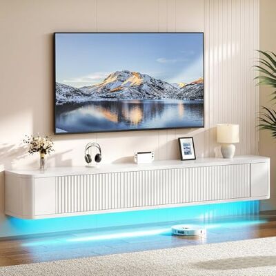 YITAHOME Meuble TV Flottant de 180 cm, étagères murales avec lumière LED RVB, Console multimédia TV Blanche Brillante, Grand Espace de Rangement pour Salon et Chambre à Coucher - Publicité YITAHOME Meuble TV Flottant de 180 cm, étagères murales avec lumière LED RVB, Console multimédia TV Blanche Brillante, Grand Espace de Rangement pour Salon et Chambre à Coucher - Publicité