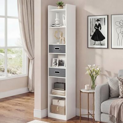 YITAHOME Bibliothèque d'angle Haute et étroite étagère Fine à 5 Niveaux et 2 tiroirs en Tissu, Meuble autoportant pour Salon, Chambre, Bureau, Blanc, 30 x 24 x 180 cm (L x P x H) - Publicité YITAHOME Bibliothèque d'angle Haute et étroite étagère Fine à 5 Niveaux et 2 tiroirs en Tissu, Meuble autoportant pour Salon, Chambre, Bureau, Blanc, 30 x 24 x 180 cm (L x P x H) - Publicité