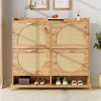 BTM Meuble à Chaussures Élégant en Bois avec Portes en Rattan – 4 Portes, Cadre en Métal et Étagère Supérieure pour Rangement Élégant et Clair - Publicité BTM Meuble à Chaussures Élégant en Bois avec Portes en Rattan – 4 Portes, Cadre en Métal et Étagère Supérieure pour Rangement Élégant et Clair - Publicité