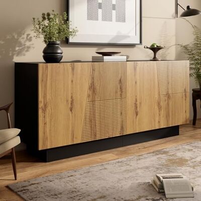 Merax Buffet 160 × 40 × 72 cm, design géométrique moderne, grand espace de rangement, étagères réglables, armoire de rangement pour salon, salle à manger et couloir, noir et couleur bois - Publicité Merax Buffet 160 × 40 × 72 cm, design géométrique moderne, grand espace de rangement, étagères réglables, armoire de rangement pour salon, salle à manger et couloir, noir et couleur bois - Publicité