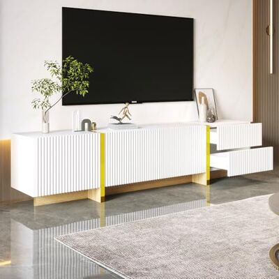 BTM Meuble TV 190, Meuble TV Moderne avec 2 Tiroirs et 3 Poretes, Meuble Télé avec Lignes Dorés, Grain du Bois, 190x35x45cm, Blanc - Publicité BTM Meuble TV 190, Meuble TV Moderne avec 2 Tiroirs et 3 Poretes, Meuble Télé avec Lignes Dorés, Grain du Bois, 190x35x45cm, Blanc - Publicité