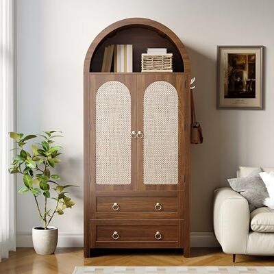 Merax Armoire de rangement polyvalente pour salon et chambre à coucher, 80 x 40 x 180 cm, style arche en rotin, avec 2 tiroirs, portes en osier - Publicité Merax Armoire de rangement polyvalente pour salon et chambre à coucher, 80 x 40 x 180 cm, style arche en rotin, avec 2 tiroirs, portes en osier - Publicité