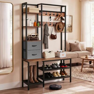 YITAHOME Porte-manteau industriel avec étagère à chaussures Meuble de vestiaire sur pied avec 2 étagères 9 crochets Convient pour couloir, salon et chambre à coucher Cadre en métal - Publicité YITAHOME Porte-manteau industriel avec étagère à chaussures Meuble de vestiaire sur pied avec 2 étagères 9 crochets Convient pour couloir, salon et chambre à coucher Cadre en métal - Publicité